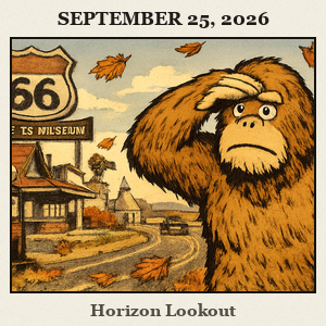 Bigfoot stands outside the National Route 66 Museum in Elk City, shielding his eyes as he looks toward the distant road under a western Oklahoma sky.
