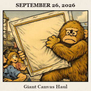 Bigfoot on the Plaza District street, bracing with both hands to haul a large canvas frame as murals and storefronts line the midtown street.