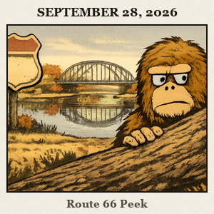 Bigfoot peeks from behind a foreground object at Route 66 Park, Yukon, with a lake overlook, distant bridge, and open green space.
