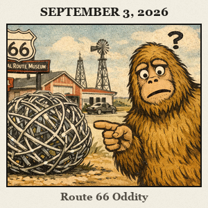 Bigfoot points at a chrome tumbleweed sculpture outside the National Route 66 Museum in Elk City, with a retro car and western road-tripper vibe in the scene.