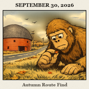 Bigfoot kneels on grass beside Arcadia Round Barn, examining a tiny round bead with a vast prairie sky and open road in the background.