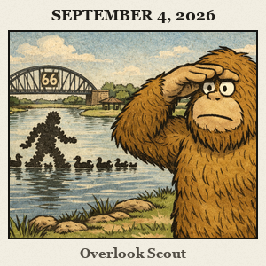 Bigfoot at Route 66 Park, Yukon, shields his eyes over a lake overlook as a distant bridge frames the open park and Route 66 vibe.