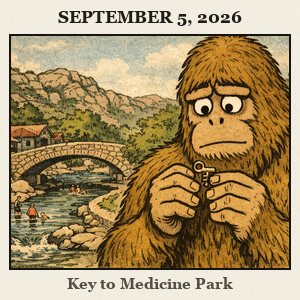 Bigfoot stands on Medicine Park cobblestone streets beside a creek and bridge, Bath Lake and rocky hills in view, holding a small key.