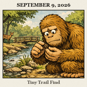 Bigfoot kneels on a shaded Martin Park Nature Center trail, examining a small pinecone by the creek with trees in the background.