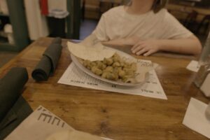 A plate of fried okra and chips on a table at The Mule in Oklahoma City.
