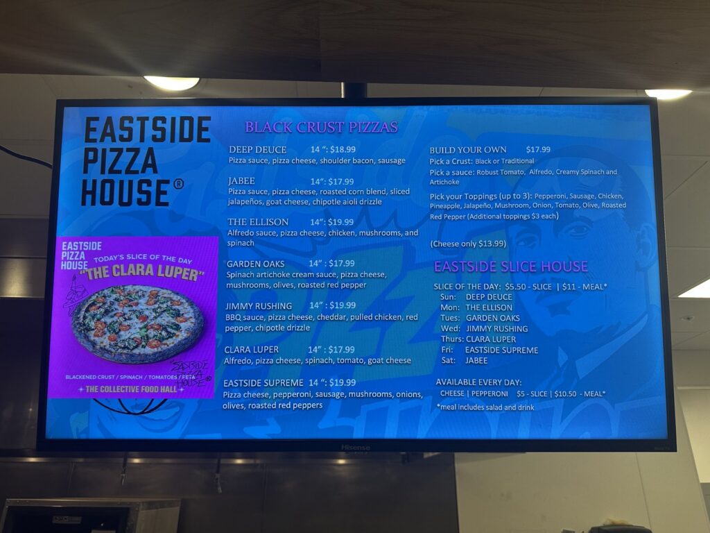 Eastside Pizza House digital menu showing black crust pizzas and slice specials