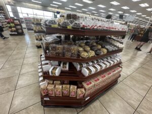 Packaged snacks and sweets displayed inside Buc-ee's in Denton, Texas