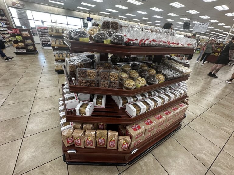 Packaged snacks and sweets displayed inside Buc-ee's in Denton, Texas