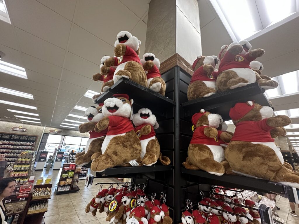 Buc-ee beaver plush toys displayed on shelves inside Buc-ee's in Denton