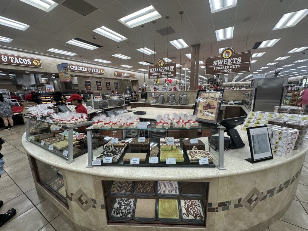 Fudge and sweets counter inside Buc-ee's in Denton, Texas