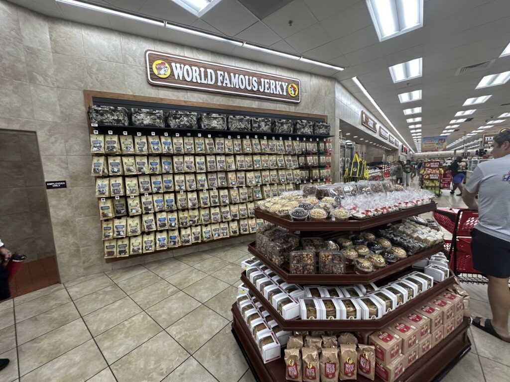 World Famous Jerky wall with packaged jerky inside Buc-ee's in Denton