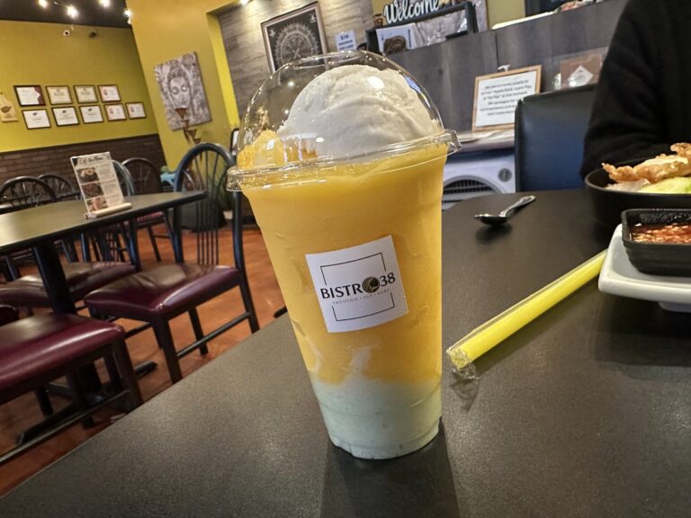 Branded Bistro 38 smoothie drink topped with ice cream inside the Oklahoma City Thai restaurant
