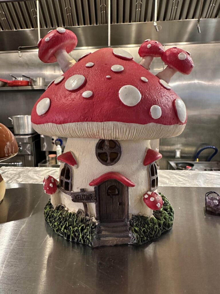 Red and white mushroom house decoration on the Enoki Eatz counter in Oklahoma City.