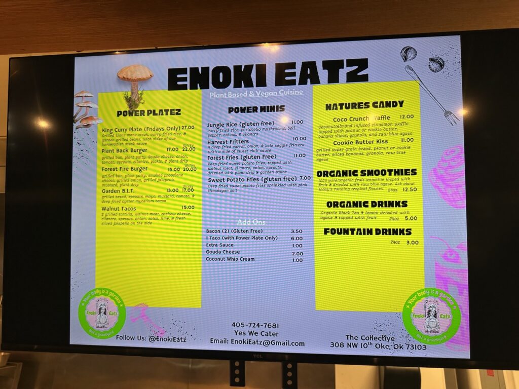 Digital menu board for Enoki Eatz plant based and vegan cuisine at The Collective in Oklahoma City.