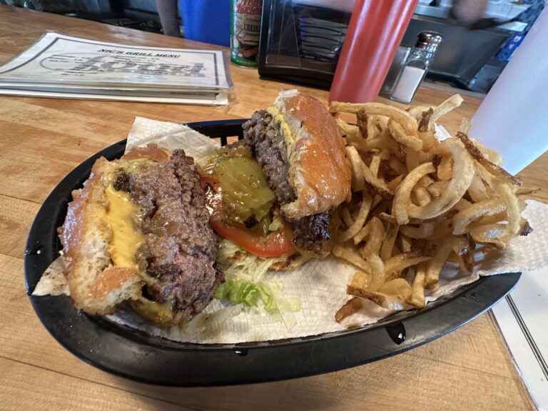 Famous cheeseburger with fries in a basket at Nic's Grill in Oklahoma City