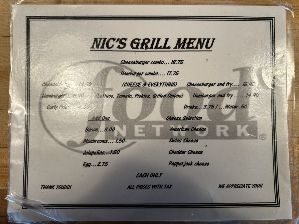 Nic's Grill menu showing burger combos, add-ons, cheese options, and cash-only note
