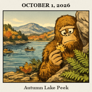 Bigfoot peeks from behind a fern and rock along Broken Bow Lake, with deep blue water, boats, and distant mountains.