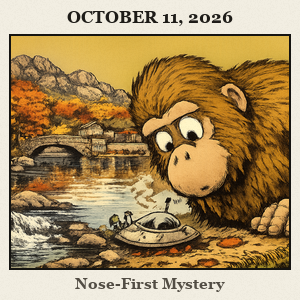 Bigfoot leaning nose-first toward a strange sight beside Bath Lake in Medicine Park; cobblestone streets, a creek and bridge, plus rocky hills in autumn colors.