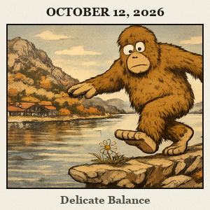Bigfoot balances on a rocky ledge at Quartz Mountain State Park, tiptoeing around a delicate wildflower with lake and lodge in the background under a blue sky.