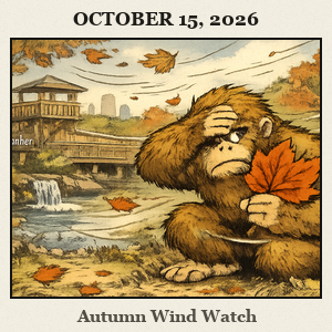 Bigfoot crouches among trees at Martin Park Nature Center, reacting to a gusty wind with swirling leaves and a nearby creek.