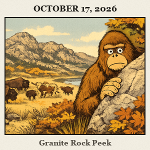 Bigfoot half-hidden behind a granite rock at Wichita Mountains Refuge, watching a distant herd of bison and longhorns on the open range with autumn hills and rugged trails in the background.