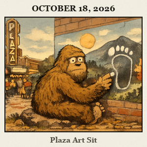 Bigfoot sits on a patch of ground in Plaza District, Oklahoma City, with colorful murals and storefronts in the background.