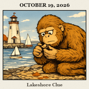 Bigfoot kneels on the Lake Hefner lakeshore path, closely inspecting a tiny shell; sailboats drift on breezy water with the lighthouse and big sky in the background.