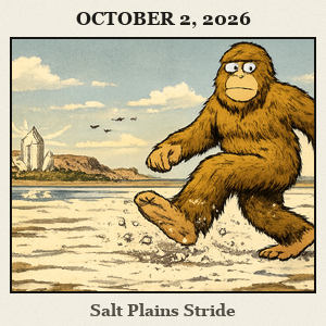 Bigfoot strides across white salt flats at Great Salt Plains State Park, horizon opened to a crystal digging area and distant shimmer.