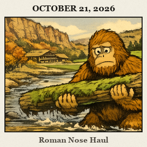 Bigfoot braces with both hands to haul a large mossy log across a creek at Roman Nose State Park, with canyon walls, cedar trees, golf greens, and a lodge in view.