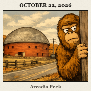 Bigfoot peeks from behind a fence post beside the historic round red Arcadia Round Barn under a wide prairie sky.