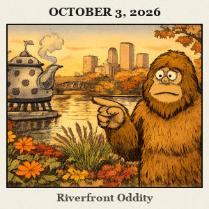 Bigfoot in Gathering Place, Tulsa, points at a quirky teapot sculpture by the riverfront with the river, gardens, and Tulsa skyline in the background.