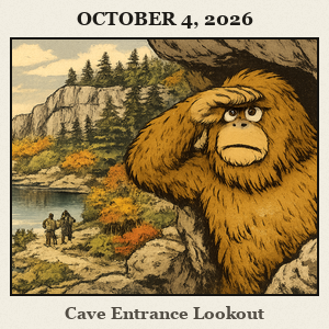 Bigfoot shields his eyes at Robbers Cave State Park's cave entrance, with rocky bluffs, pine trees, a lake, and hiking trails in view.