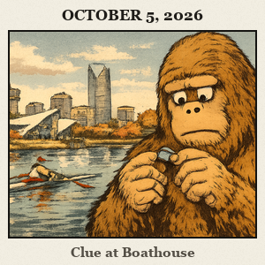Bigfoot at the Boathouse District riverfront, holding a small bottle cap with both hands, rowing course and modern boathouses visible against the river and skyline.
