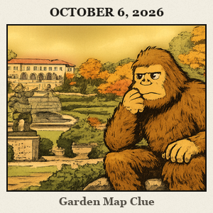 Bigfoot sits on a rock in the Philbrook Gardens' formal garden, gazing toward a sculpture as autumn light glows on stone paths and the historic villa.