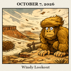 Bigfoot crouches low on the Gloss Mountain mesa trail, wind whipping the red and white rock and a dramatic lookout in the background.