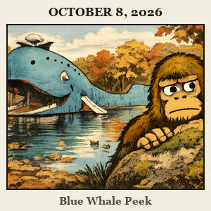 Bigfoot peeks from behind a mossy rock at the Blue Whale of Catoosa, with the pond and autumn colors in the background.