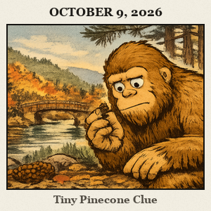 Bigfoot crouches in the pine forest of Beavers Bend State Park, inspecting a small pinecone on the ground, with hints of a cabin and river in the background.