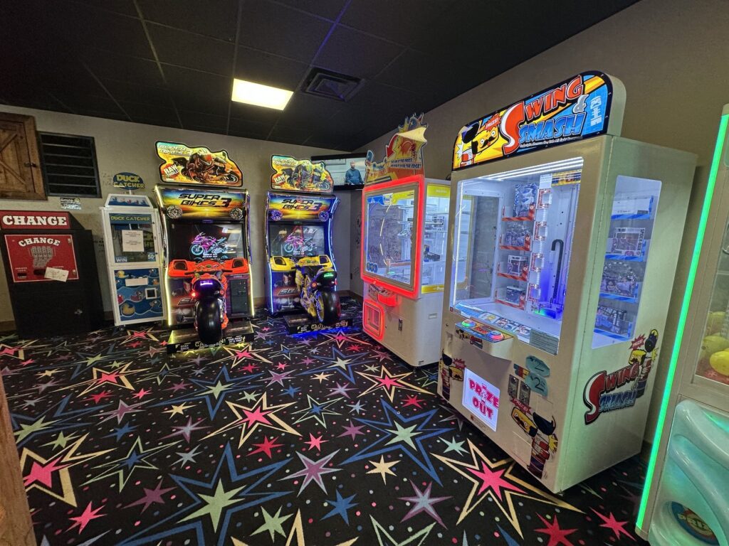Arcade games and prize machines inside Cowboy Travel Plaza in Oklahoma