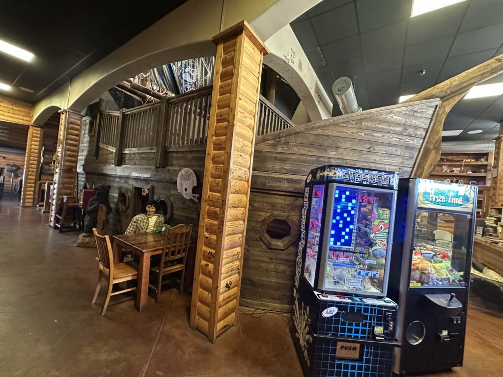 Large indoor pirate ship and arcade machines inside Cowboy Travel Plaza in Oklahoma
