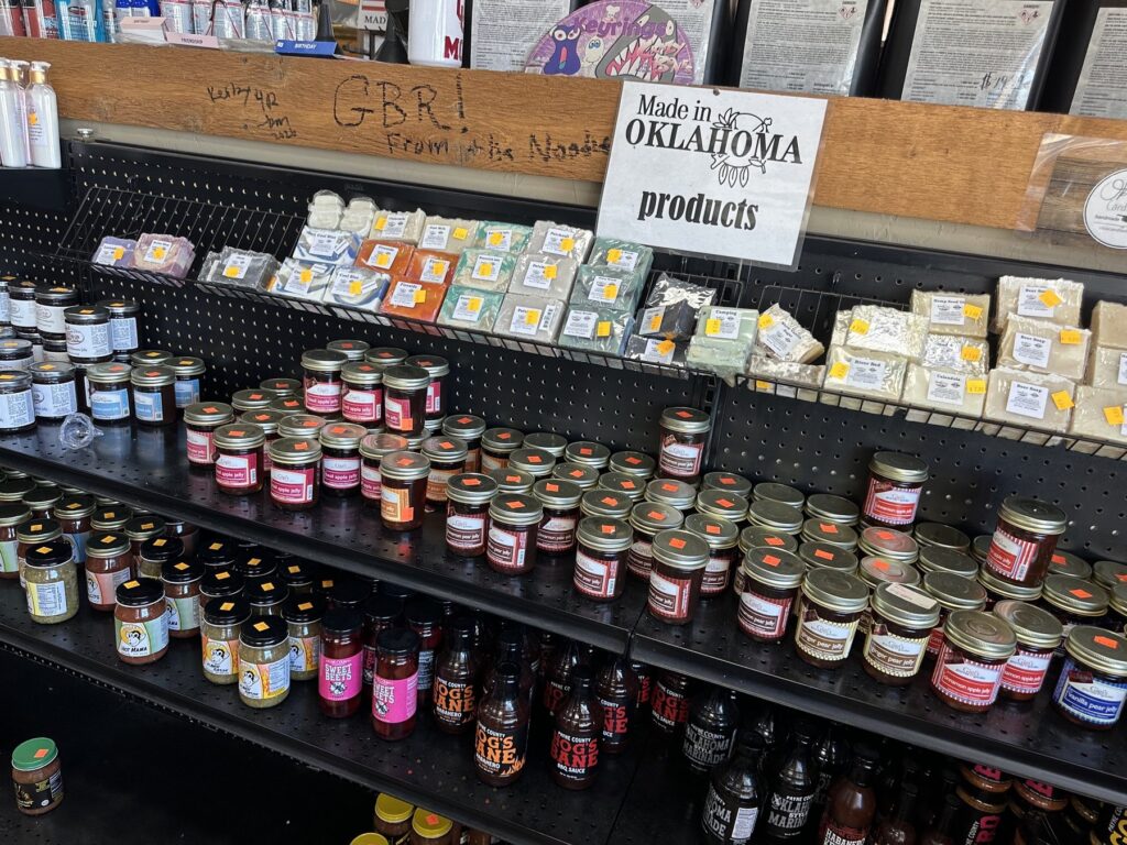 Made in Oklahoma products displayed on shelves at Cowboy Travel Plaza