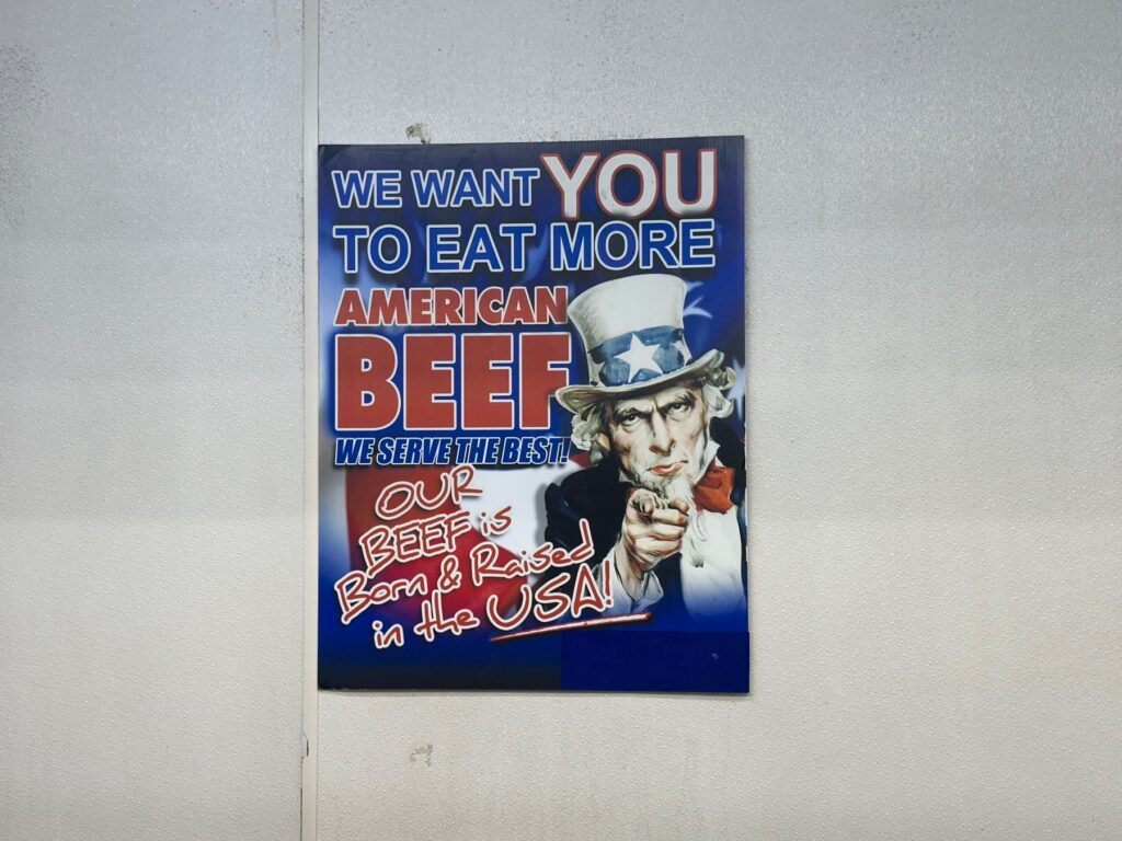 Poster inside Sweis Foods promoting American beef born and raised in the USA